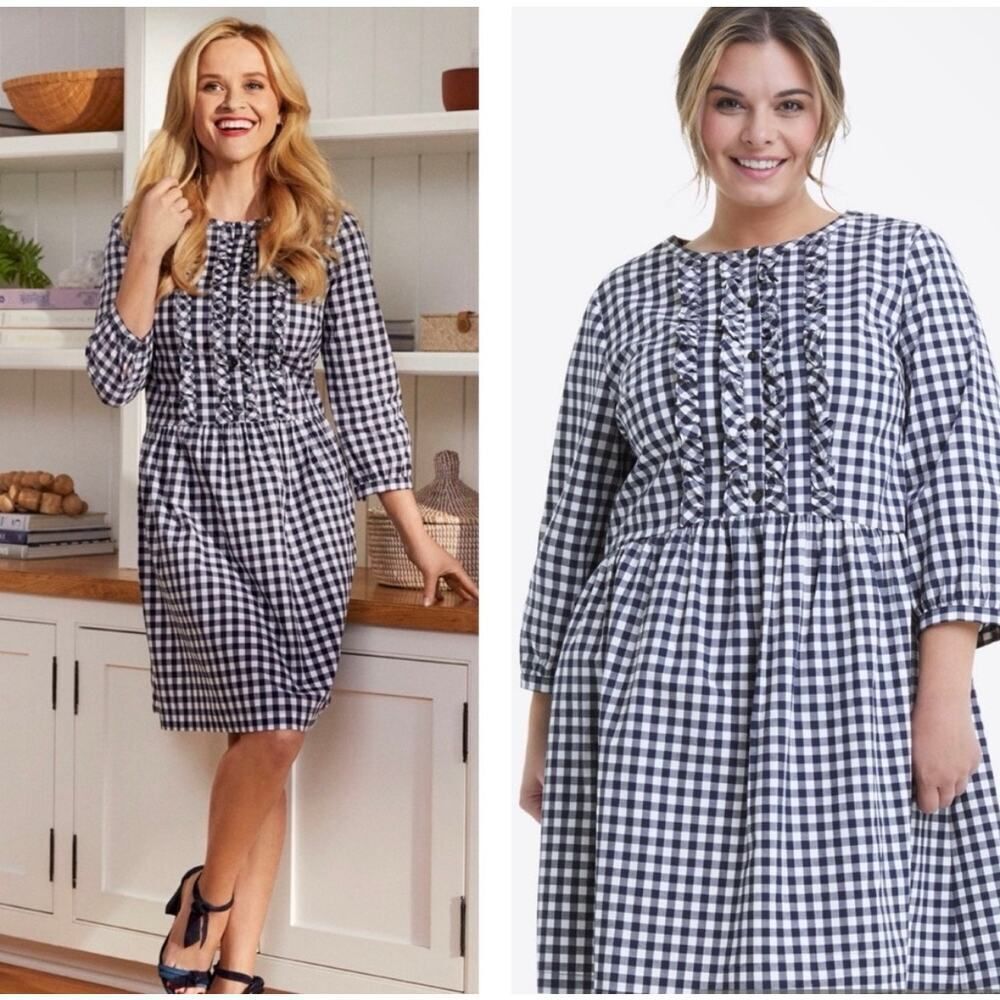 Draper James Nassau Navy Gingham Cottagecore Farmhouse Poplin Dress Large
